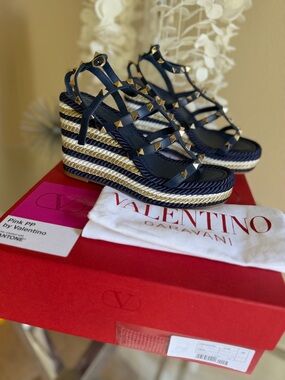 Authentic Valentino Rockstud Wedge Sandals With Calfskin Straps NW/TB size36